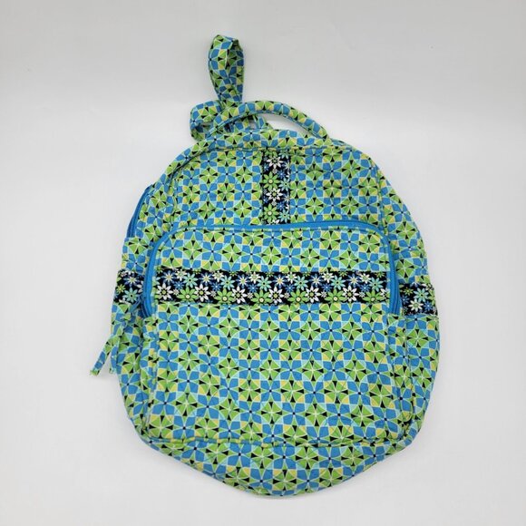 Floral 100% Cotton Backpack‎ Daisy Blue Green Attached Matching Wallet - Picture 1 of 10